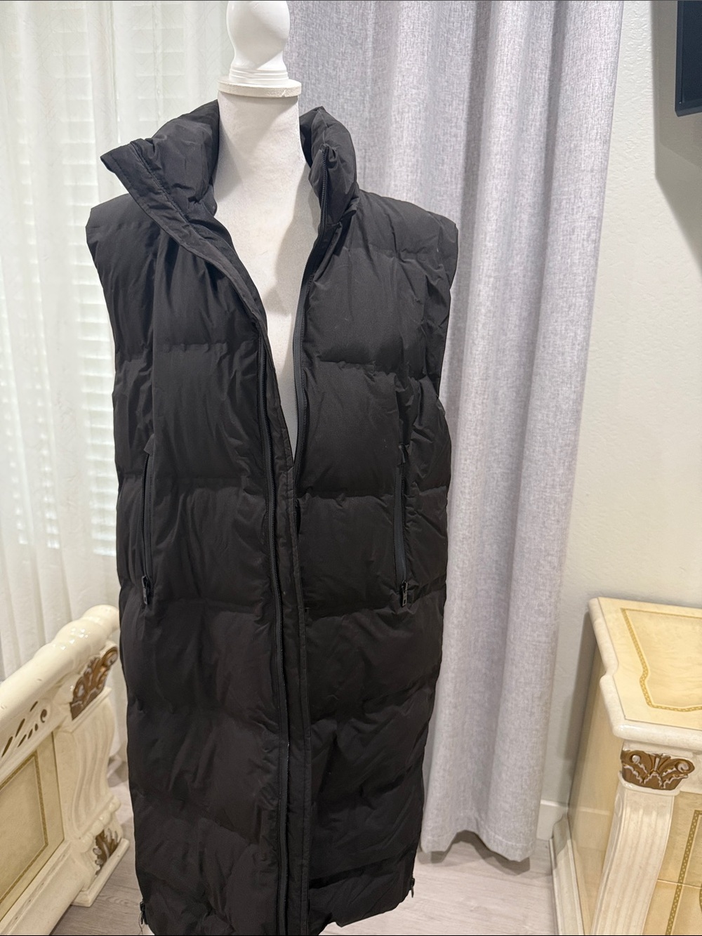 Zara Long Black Sleeveless Puffer Vest